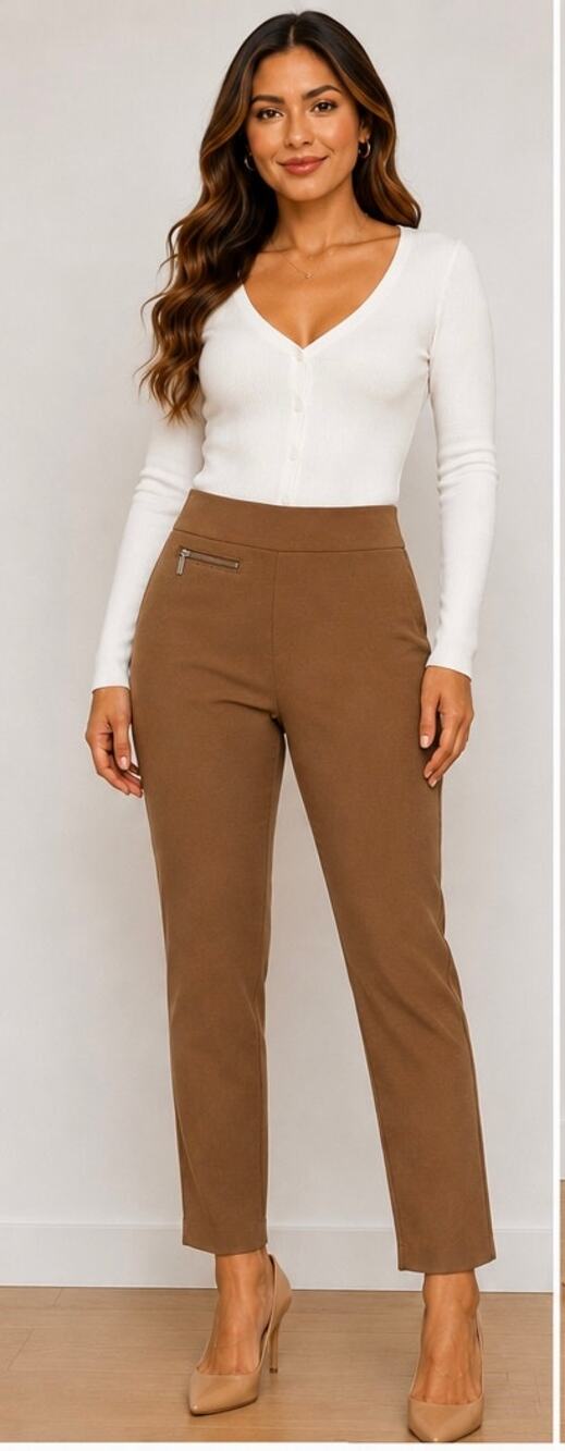 Van Heusen Pull On Ankle Pants Women Size 4 Brown Stretch Zip Pocket Career